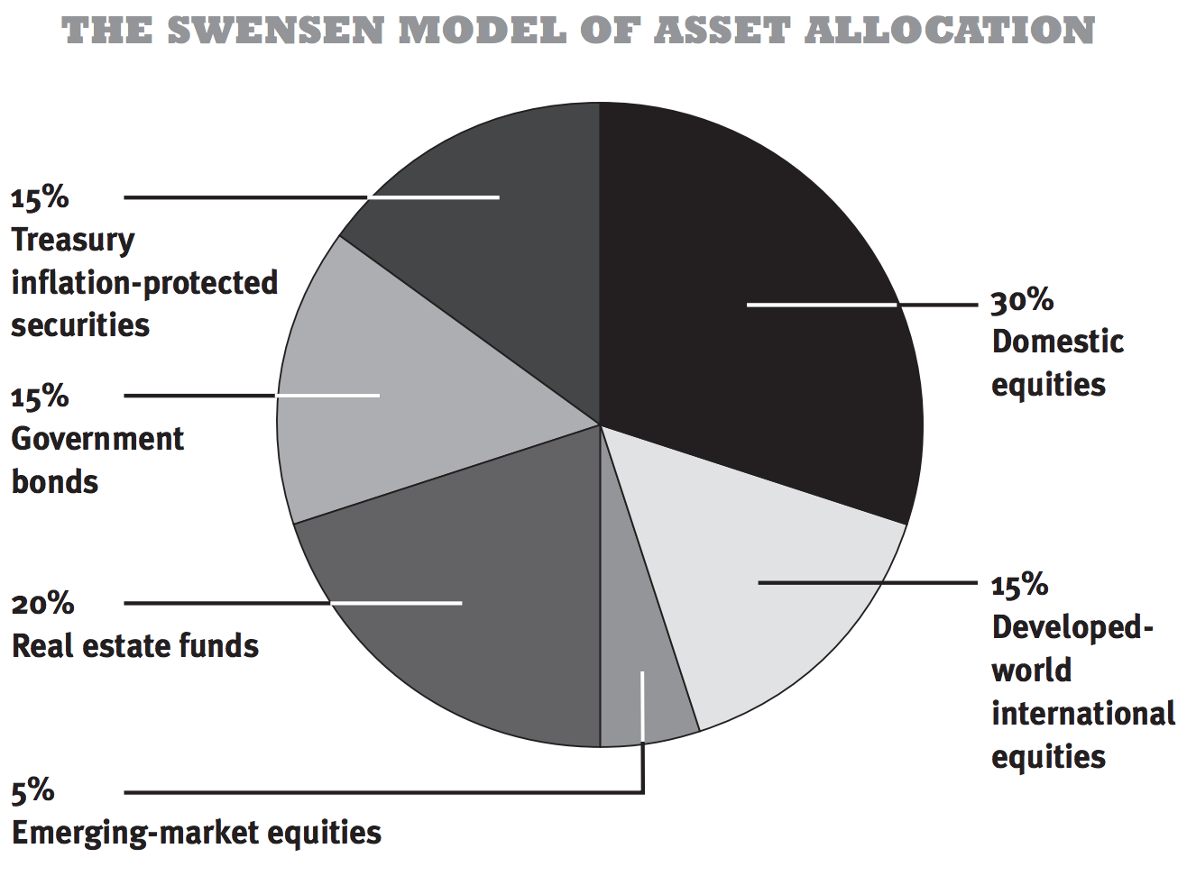  A pie chart shows a diversified investment portfolio with 15% in Treasury inflation-protected securities, 15% in government bonds, 20% in real estate funds, 5% in emerging market equities, 15% in developed world international equities, and 30% in domestic equities.