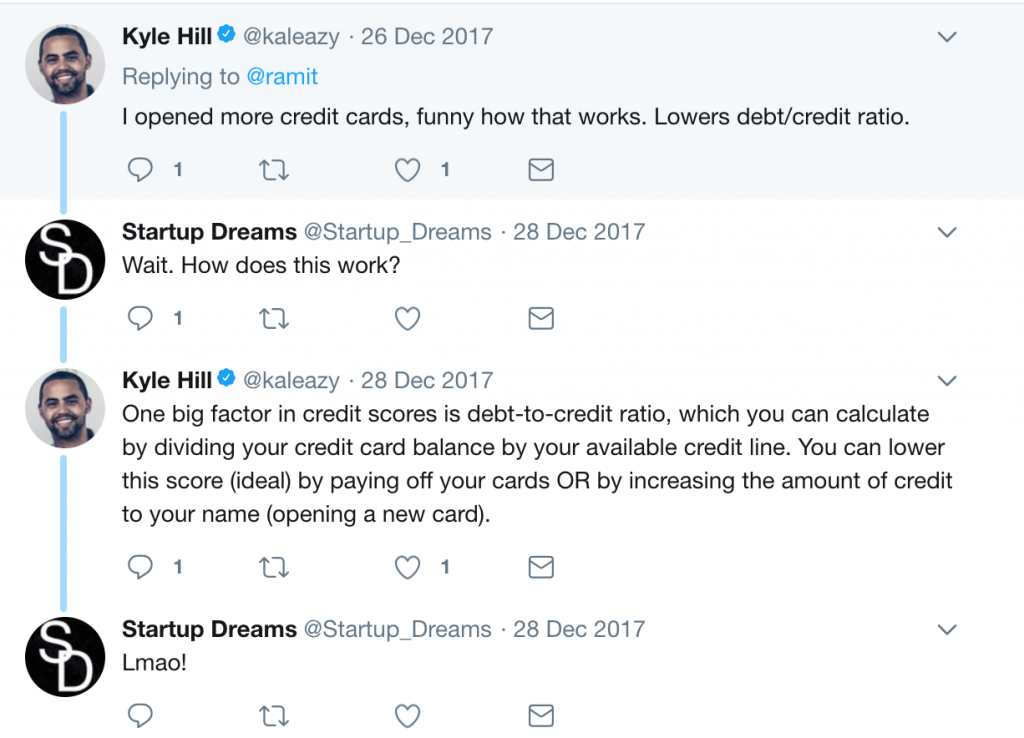 Twitter screenshot showing how opening new cards can improve your credit score
