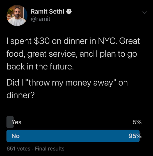 Ramit tweet asking if dining out is a waste of money