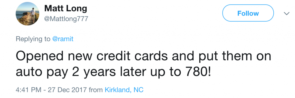 Twitter screenshot showing Ramit's credit score advice worked